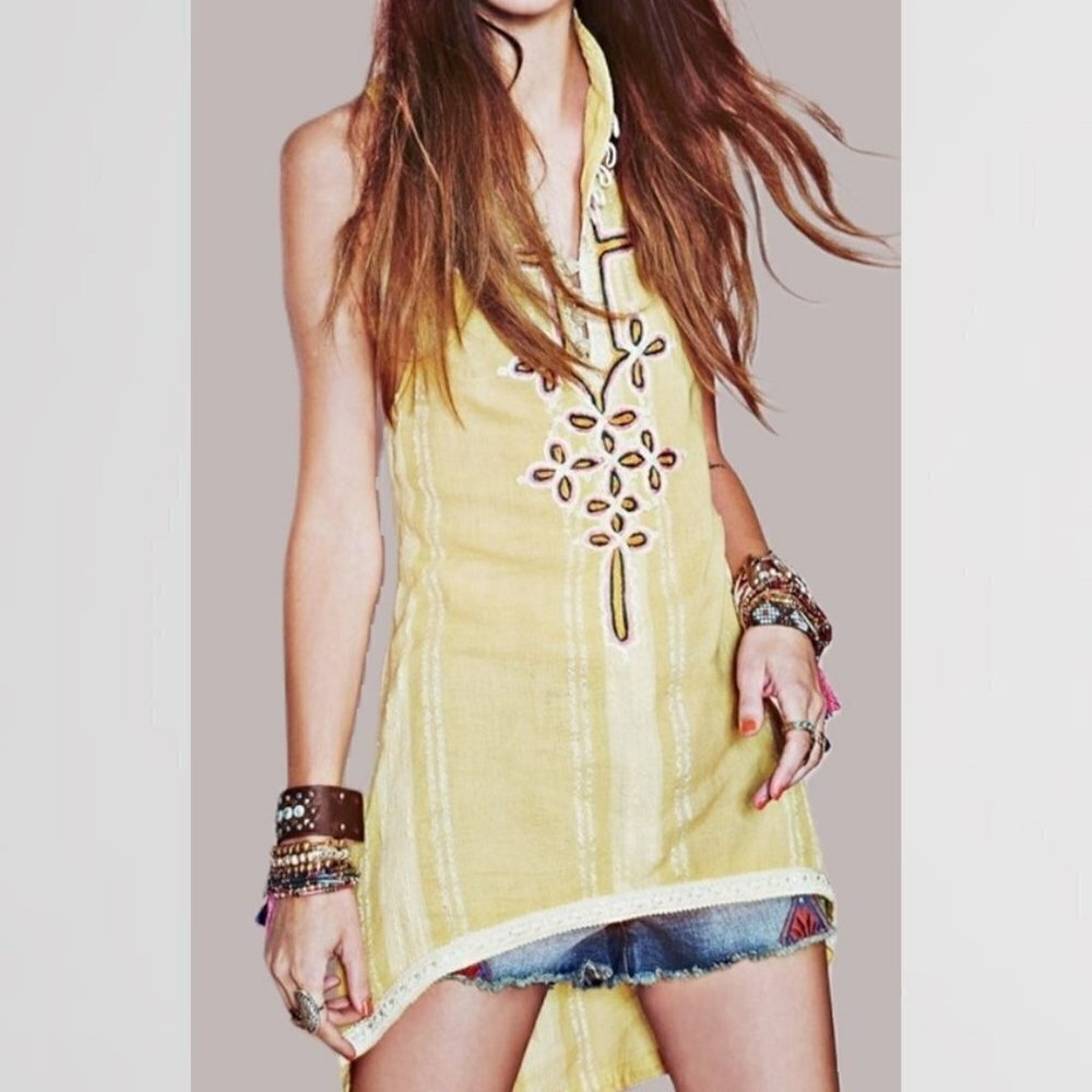 NWT Free People Tunic Top Embroidered New Romantics Yellow Large